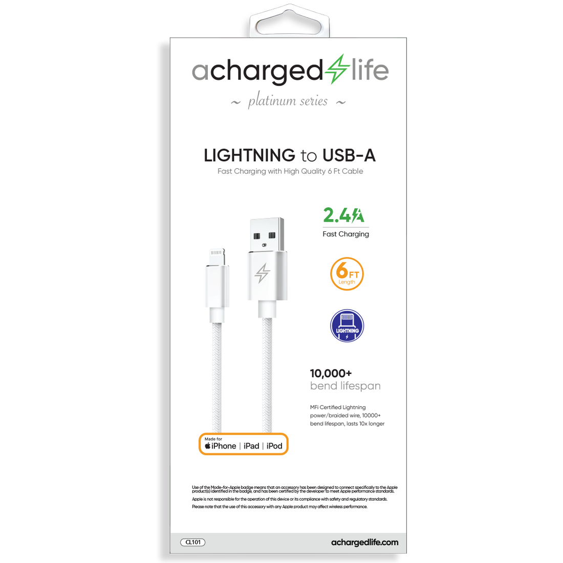 CL101 - Charging Cable Lightning 6Ft (MFI) White (PLATINUM SERIES)