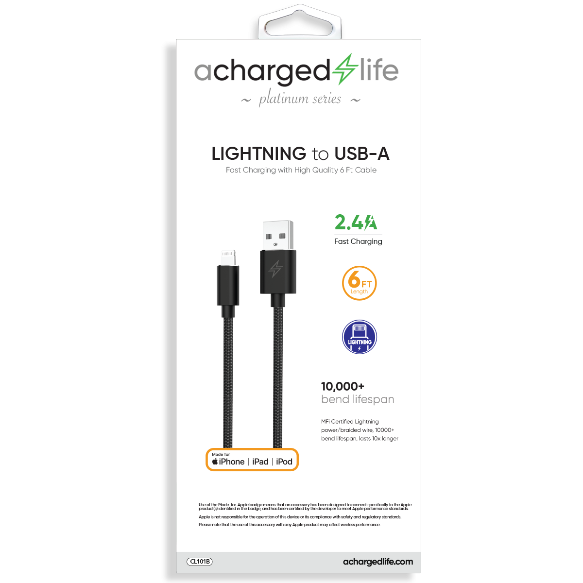 Charging Cable Lightning 6Ft (MFI) Black