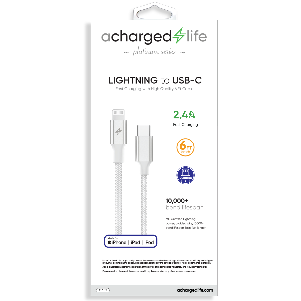 CL103 - Charging Cable USB-C to Lightning 30W PD 6Ft (MFI) White (PLATINUM SERIES)