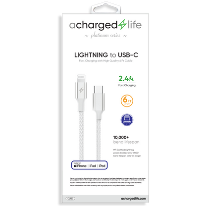 CL103 - Charging Cable USB-C to Lightning 30W PD 6Ft (MFI) White (PLATINUM SERIES)