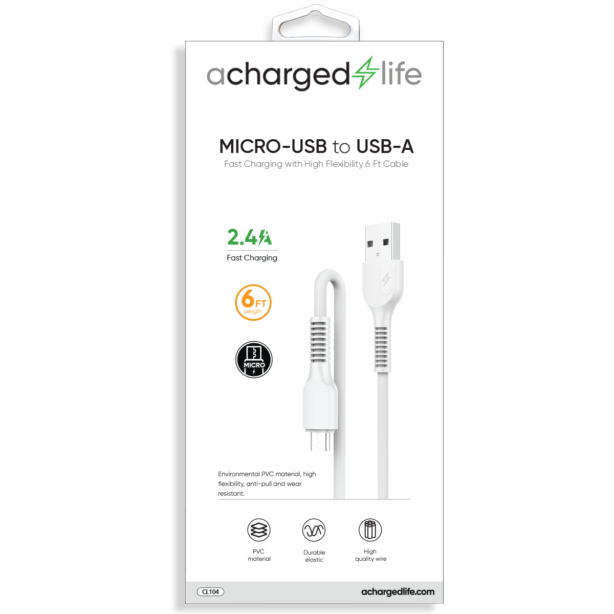 CL104 - Fast Charging Cable Micro USB 6Ft White