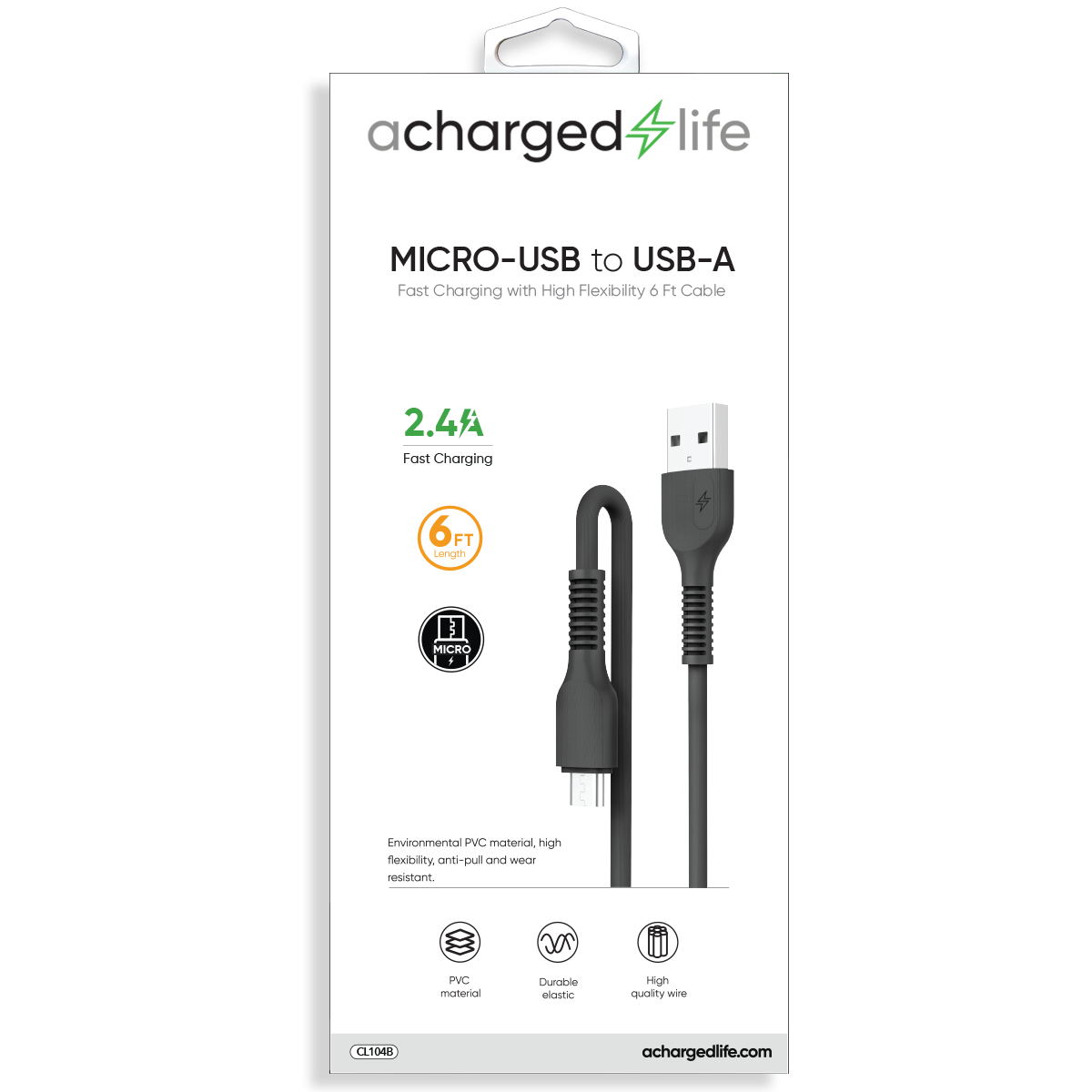 CL104B - Fast Charging Cable Micro USB 6Ft Black