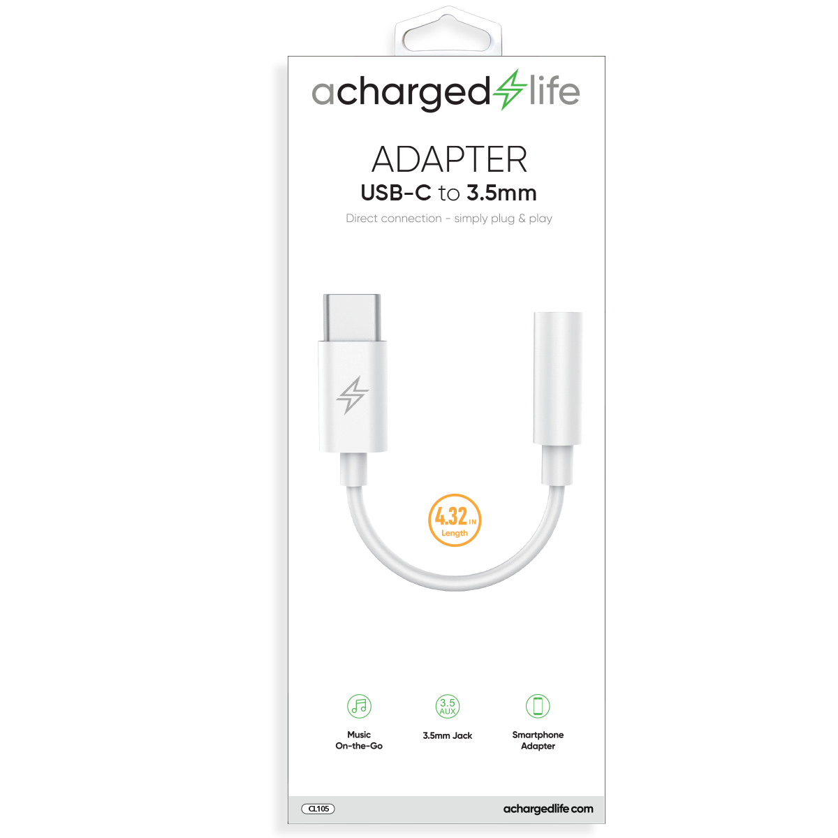 CL105 - A Charged Life Adapter USB-C to 3.5mm Audio White