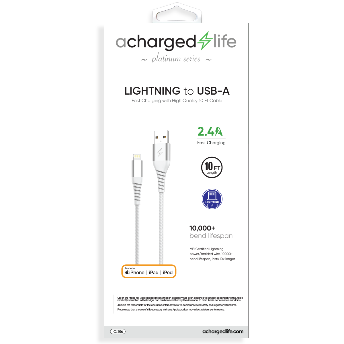 CL106 - Charging Cable Lightning 10Ft (MFI) White (PLATINUM SERIES)