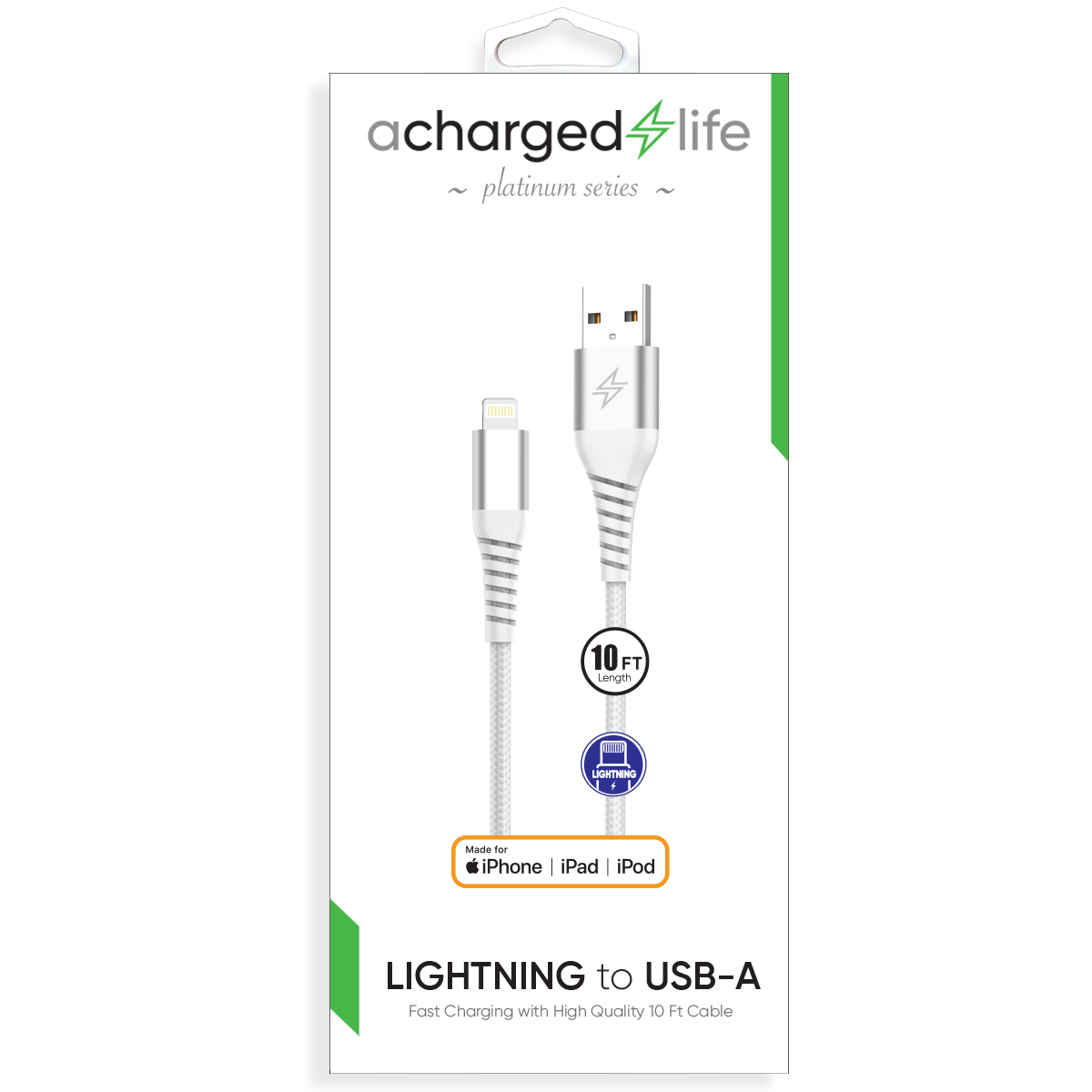 CL106 - Charging Cable Lightning 10Ft (MFI) White (PLATINUM SERIES)