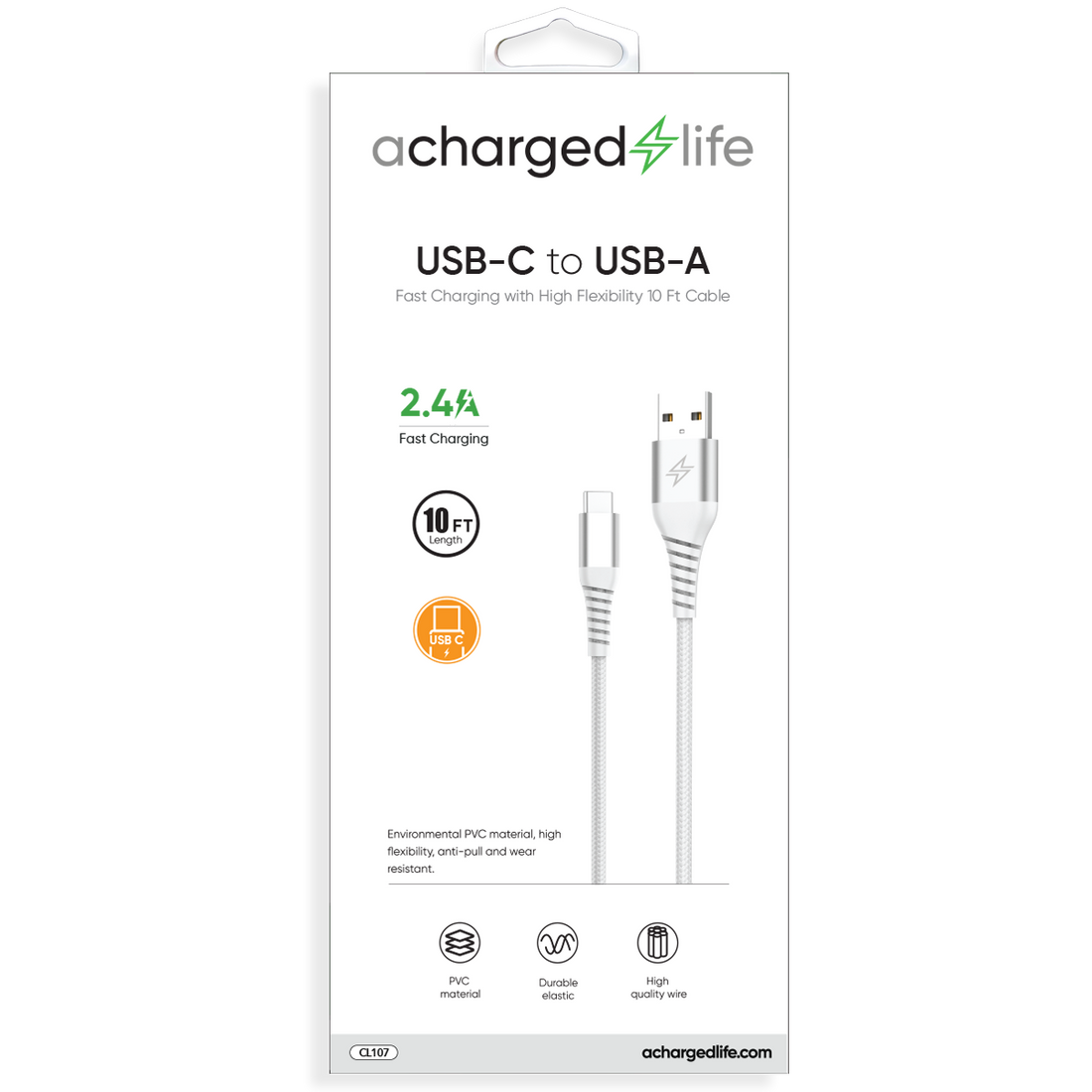 CL107 - Fast Charging Cable USB-C 10Ft White
