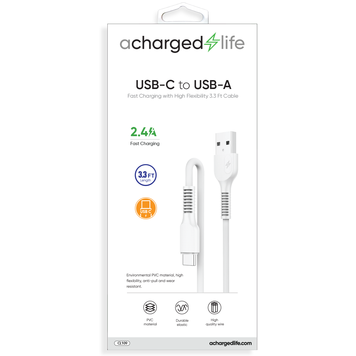 CL109 - Fast Charging Cable USB-C 3.3Ft White