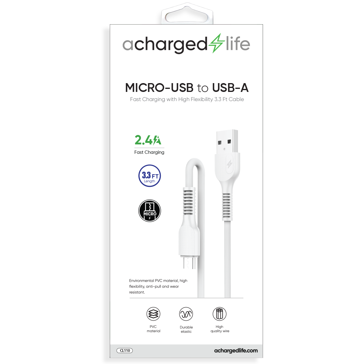 CL110 - Fast Charging Cable Micro USB 3.3Ft White