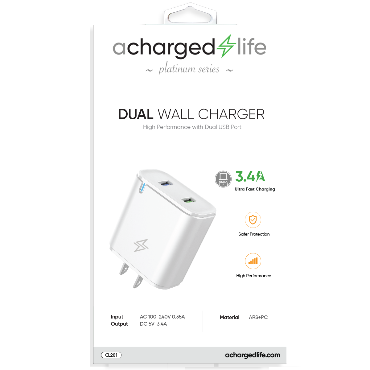 CL201 - High-Performance Wall Charger 3.4A Dual USB-A Port White
