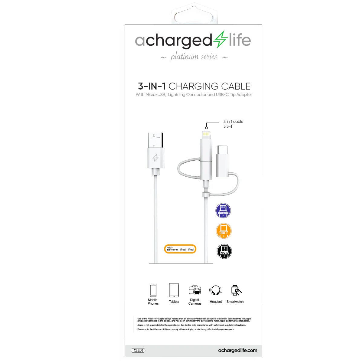 CL203 - 3-in-1 Cable (Micro,Lightning,USB-C) 3.3Ft White (PLATINUM SERIES)