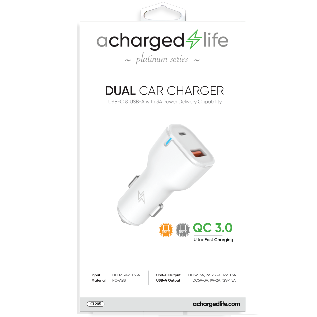 CL205 - Car Charger 20W PD Dual USB-A/USB-C Port White