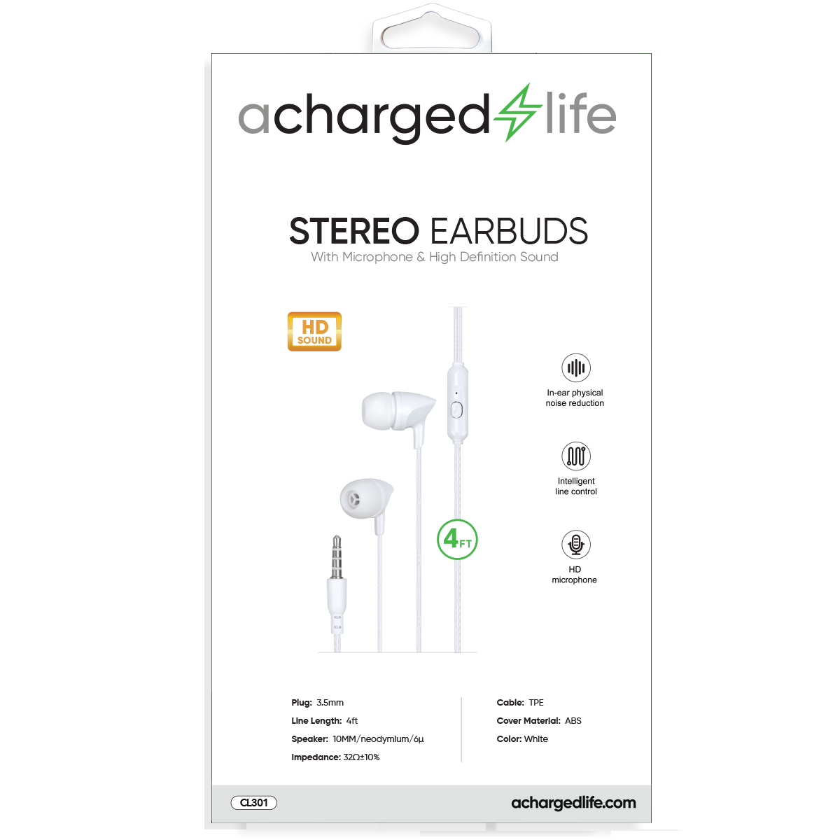 Earbuds Stereo w/Built-in Mic 4Ft White