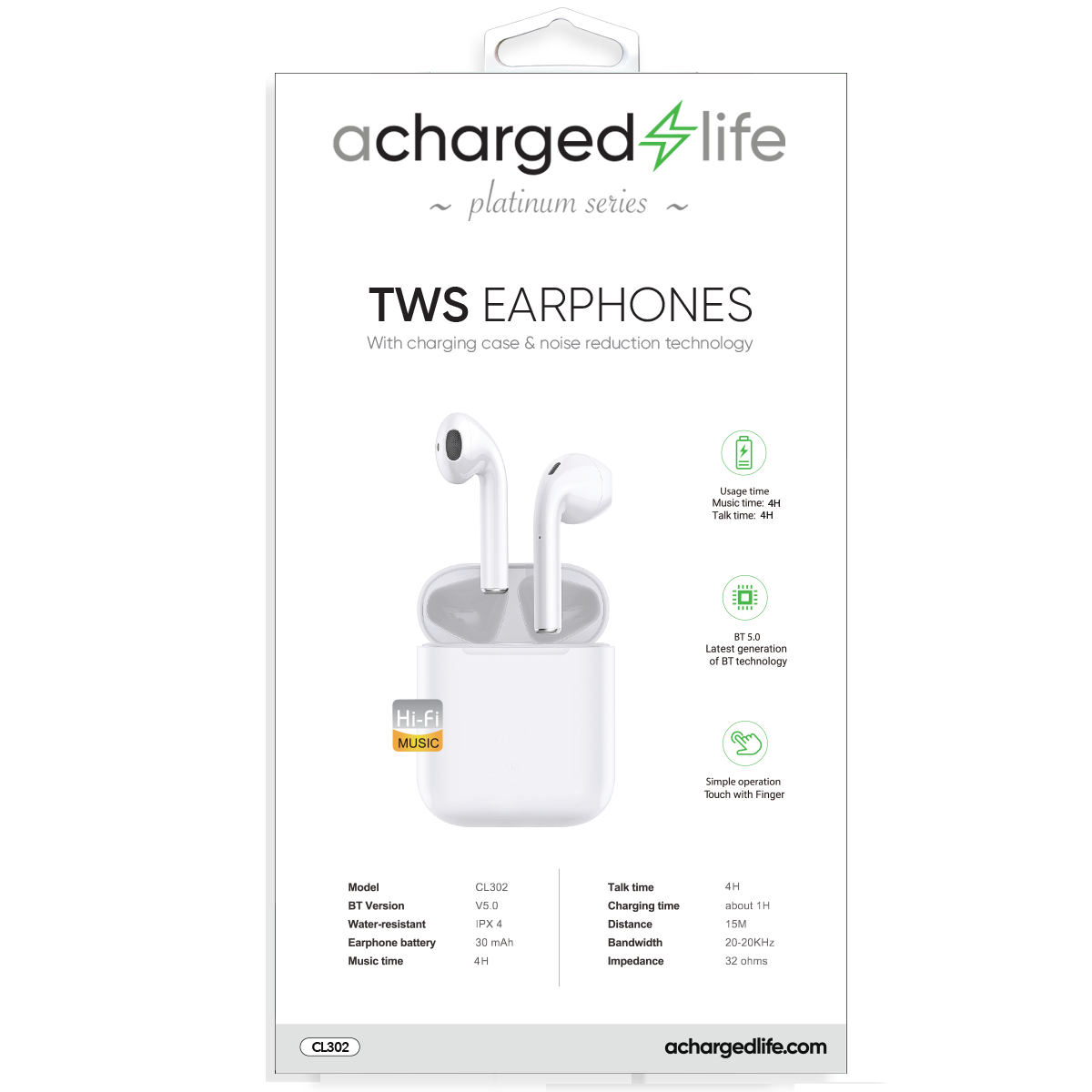 CL302 - TWS Water-Resistant Earphones 4 Hour Talk White - Pre-Charged (PLATINUM SERIES)