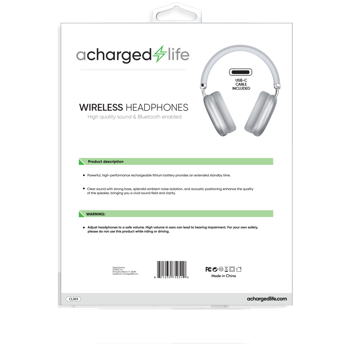 CL303 - A Charged Life Headphones Stereo Wireless - Grey