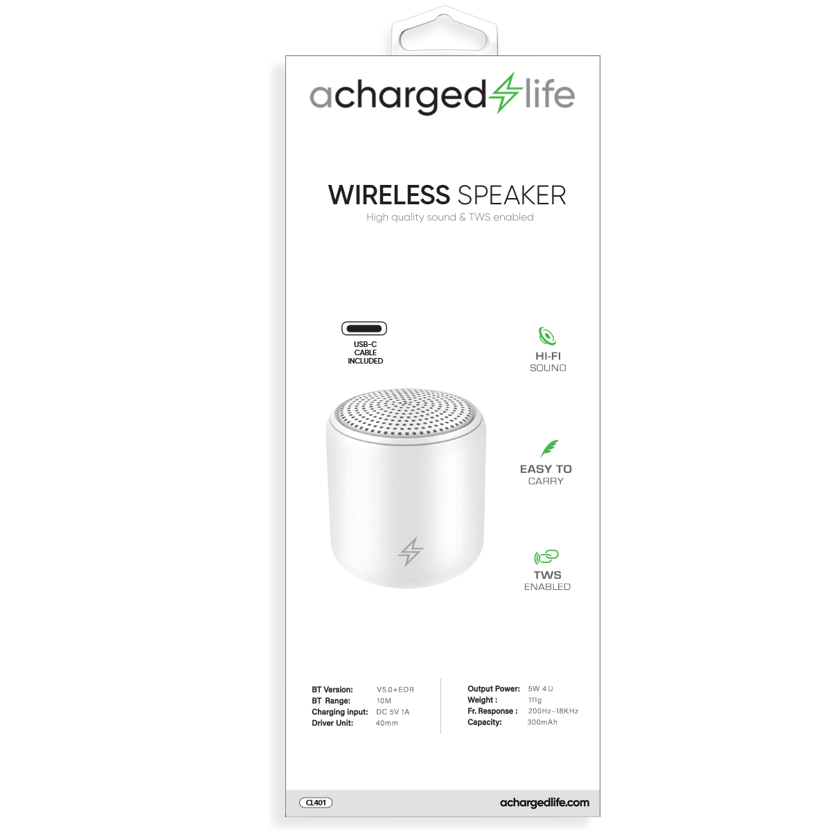 CL401 - TWS Bluetooth Speaker White - Pre-Charged & BlueTooth Enabled