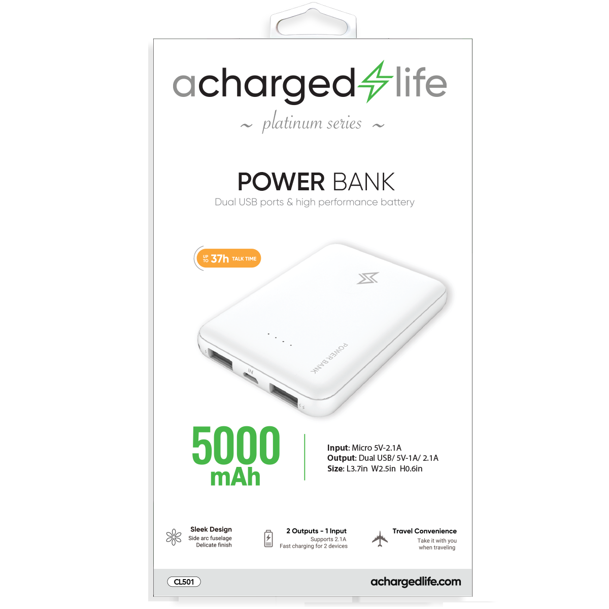 CL501 - Ultra Thin Power Bank 5000mAh White (PLATINUM SERIES)