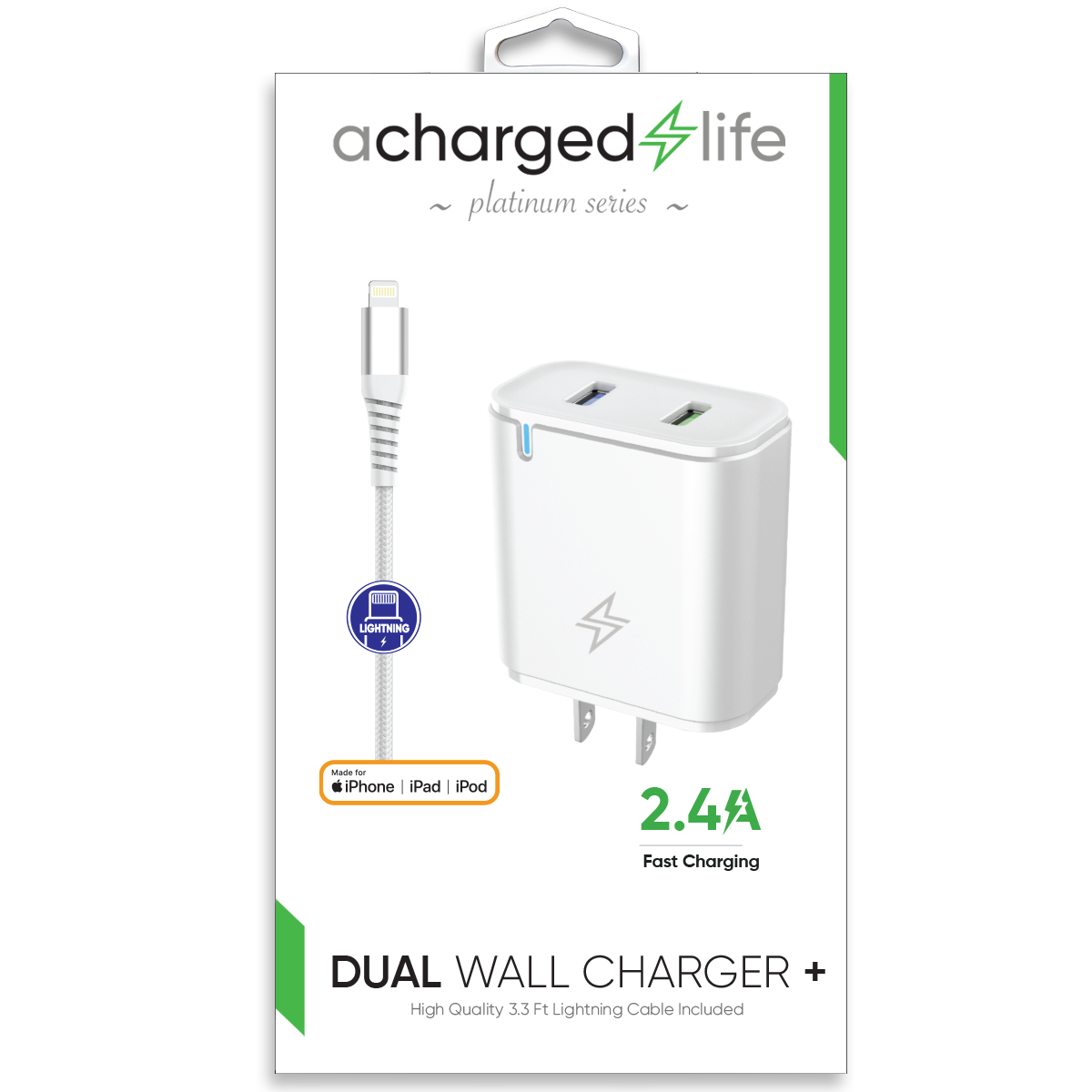 CL601 - A Charged Life Charging Cable Lightning 3.3Ft w/Wall Charger 2.4A (MFI) White