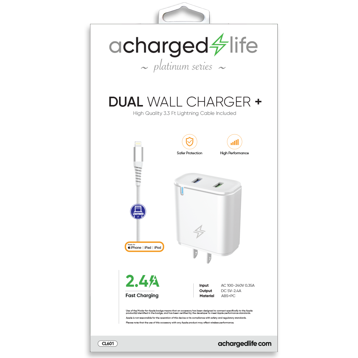 CL601 - Charging Cable Lightning 3.3Ft w/Wall Charger 2.4A (MFI) White (PLATINUM SERIES)