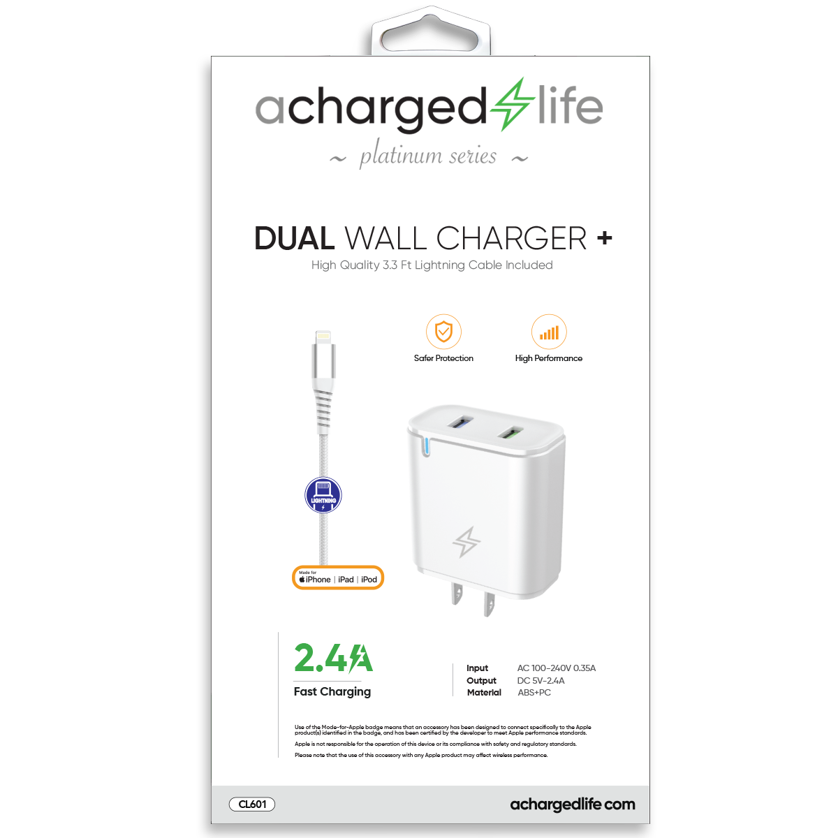 CL601 - A Charged Life Charging Cable Lightning 3.3Ft w/Wall Charger 2.4A (MFI) White