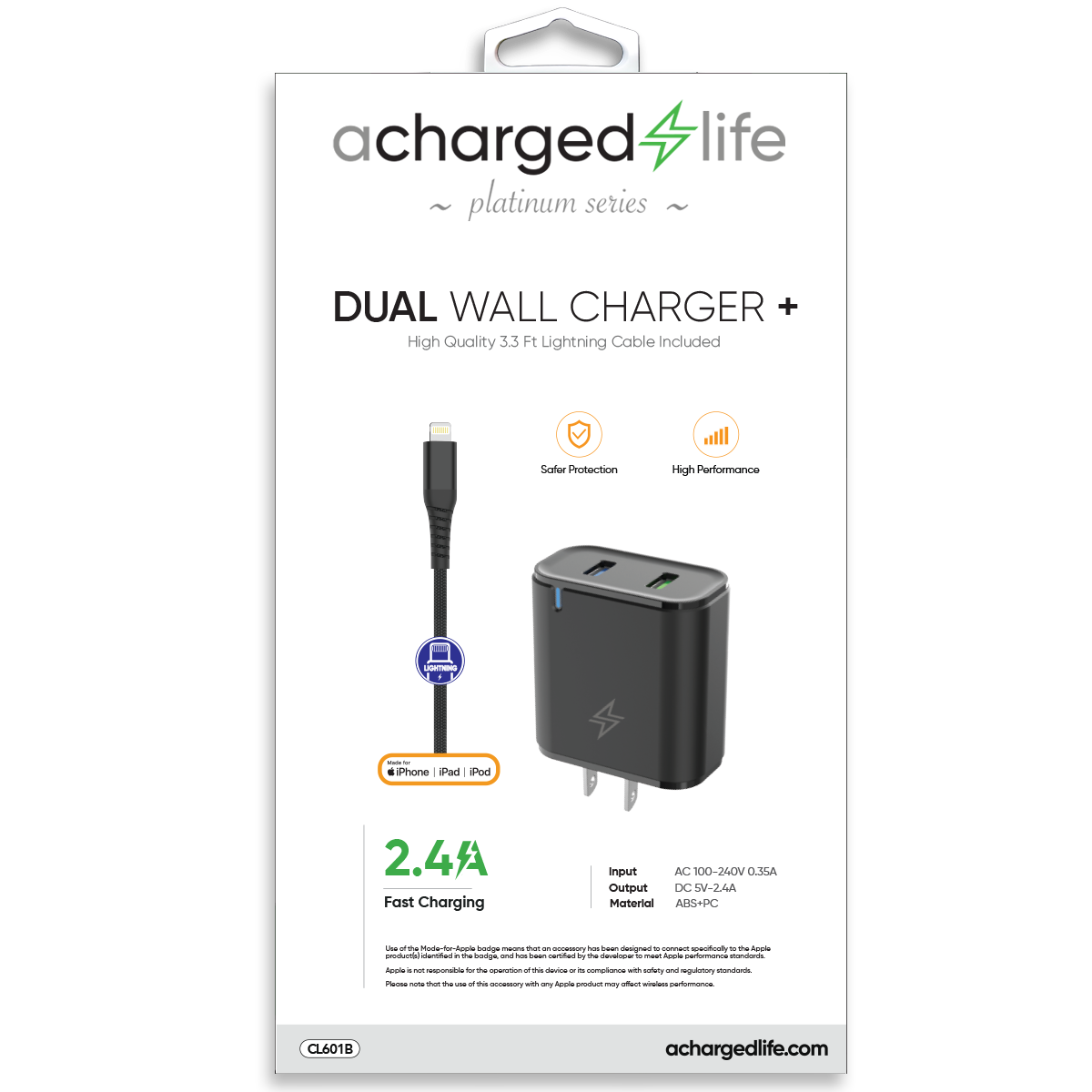 CL601B - A Charged Life Charging Cable Lightning 3.3Ft w/Wall Charger 2.4A (MFI) Black