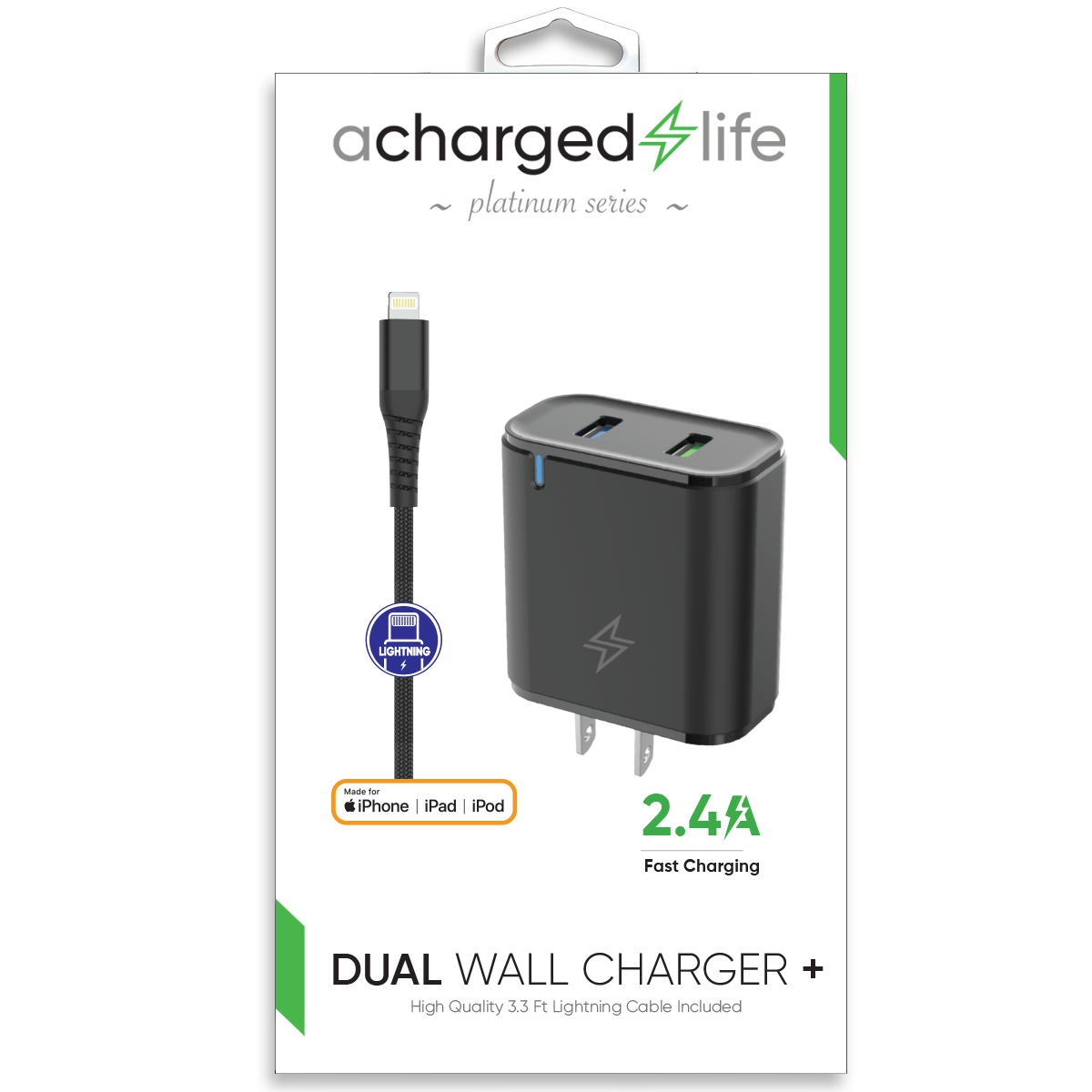 CL601B - A Charged Life Charging Cable Lightning 3.3Ft w/Wall Charger 2.4A (MFI) Black