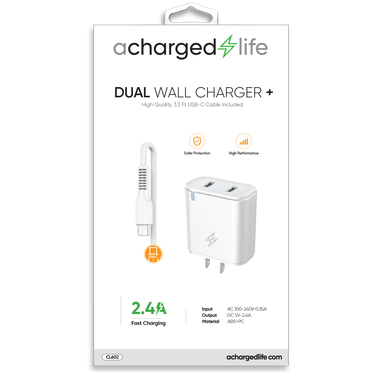 CL602 - Charging Cable USB-C 3.3Ft w/Wall Charger 2.4A White