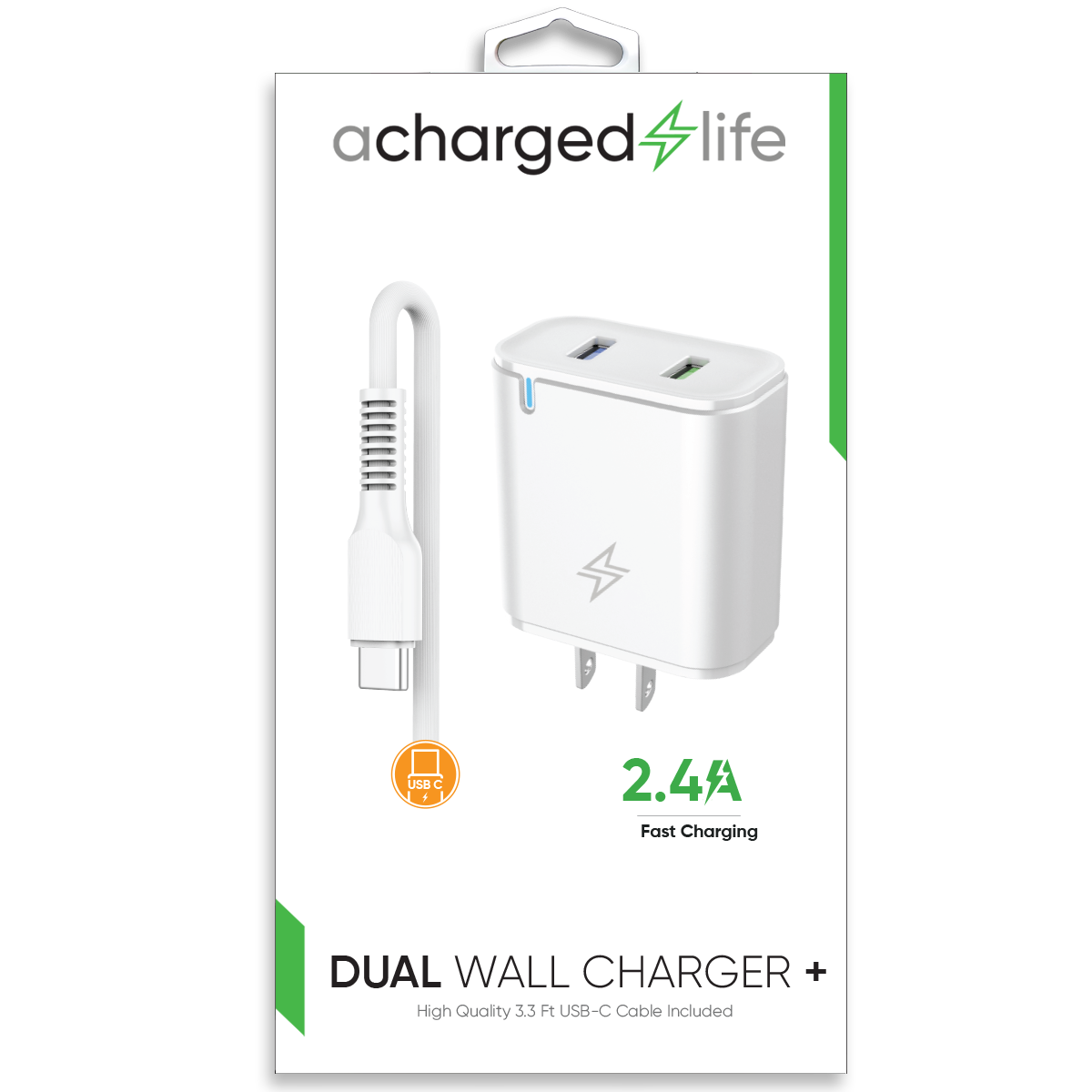 CL602 - Charging Cable USB-C 3.3Ft w/Wall Charger 2.4A White