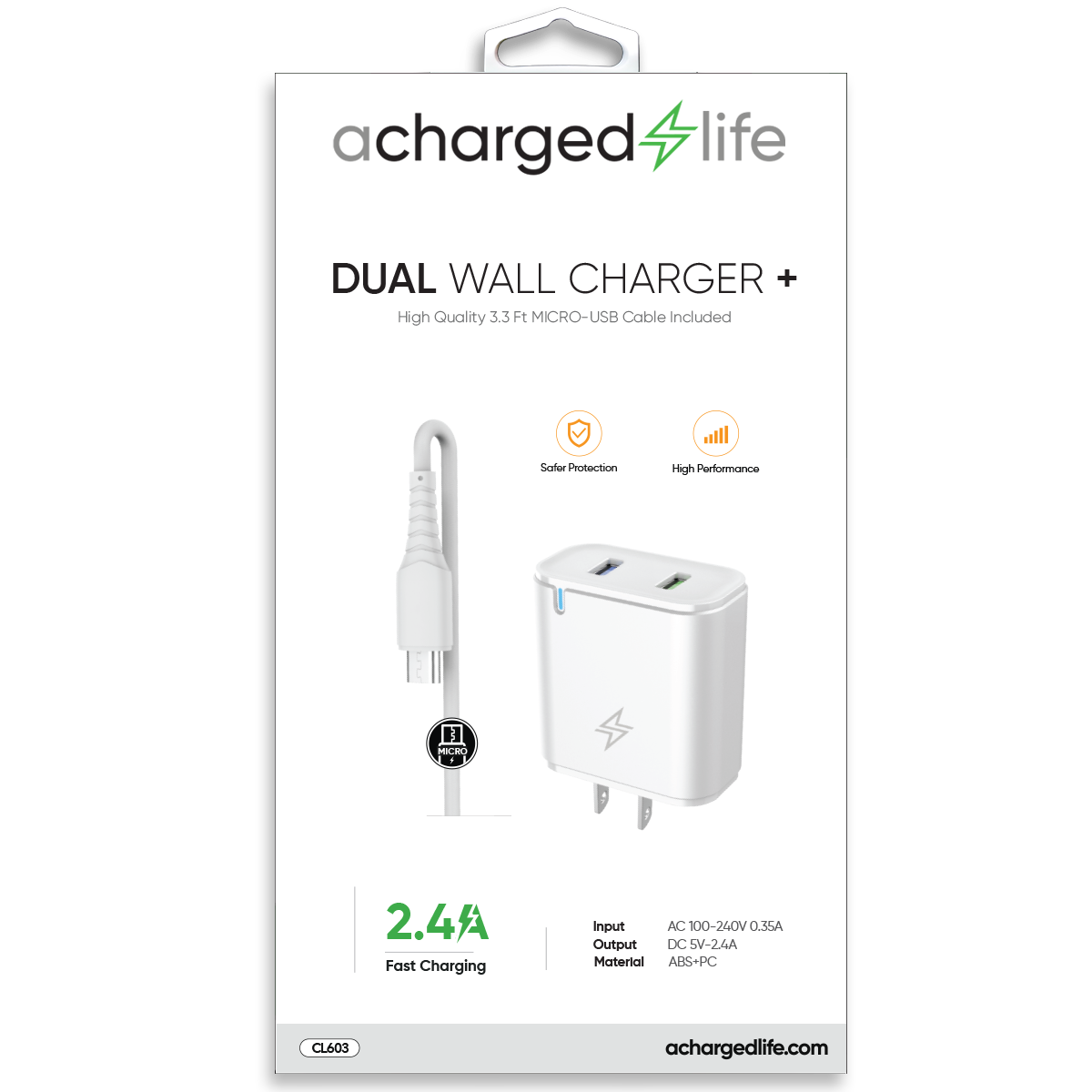 CL603 - Charging Cable Micro USB 3.3Ft w/Wall Charger 2.4A White