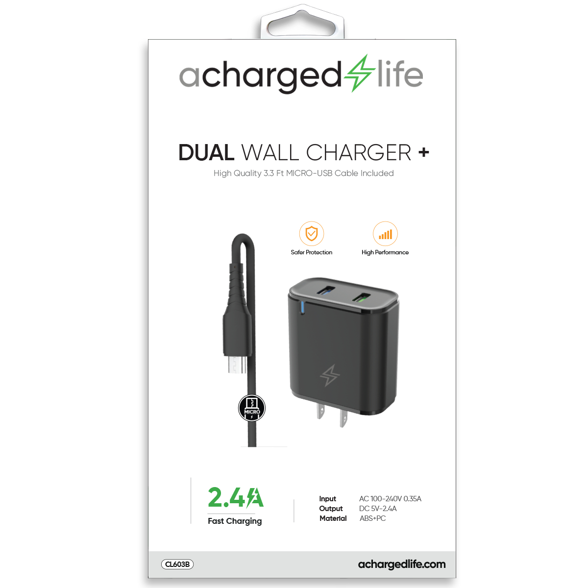 CL603B - Charging Cable Micro USB 3.3Ft w/Wall Charger 2.4A Black