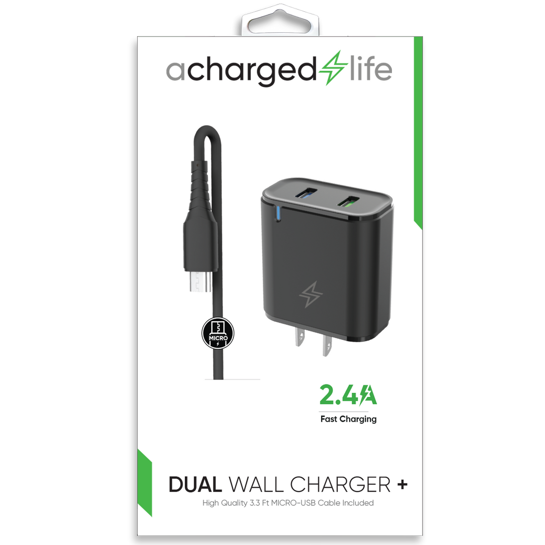 CL603B - Charging Cable Micro USB 3.3Ft w/Wall Charger 2.4A Black
