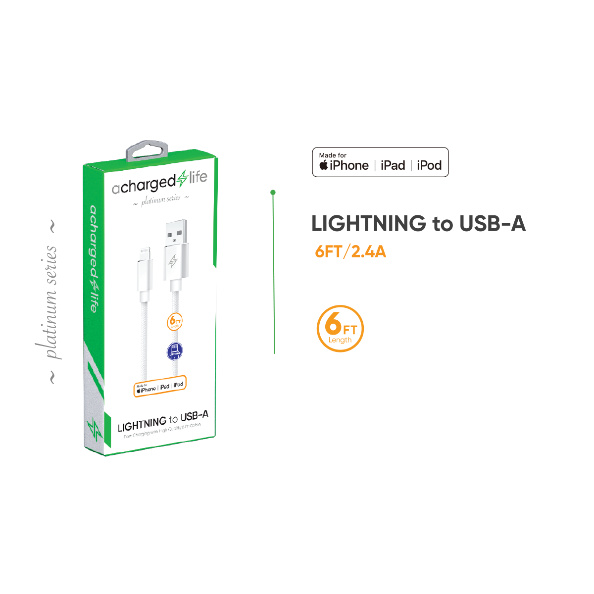 CL101 - A Charged Life Charging Cable Lightning 6Ft (MFI) White