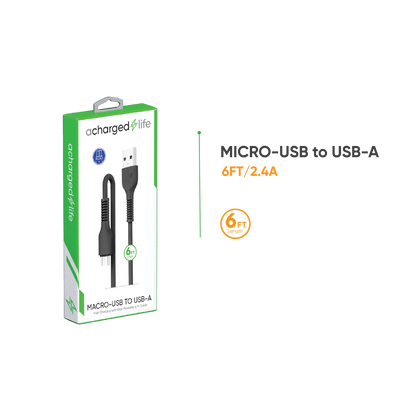 CL104B - A Charged Life Charging Cable Micro USB 6Ft Black