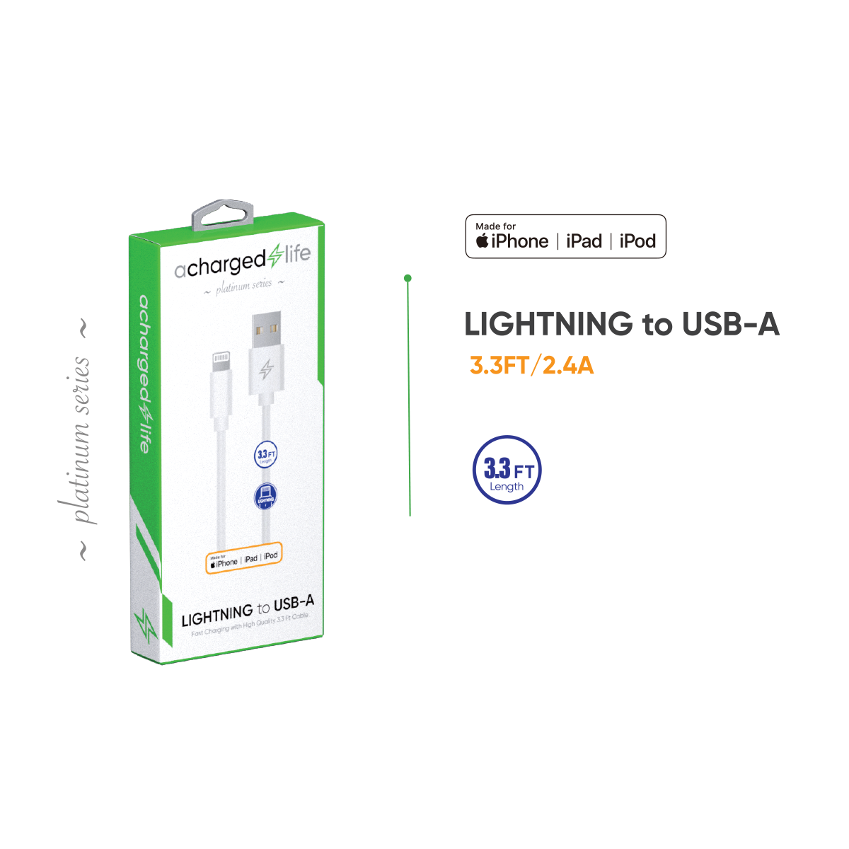 CL108 - A Charged Life Charging Cable Lightning 3.3Ft (MFI) White