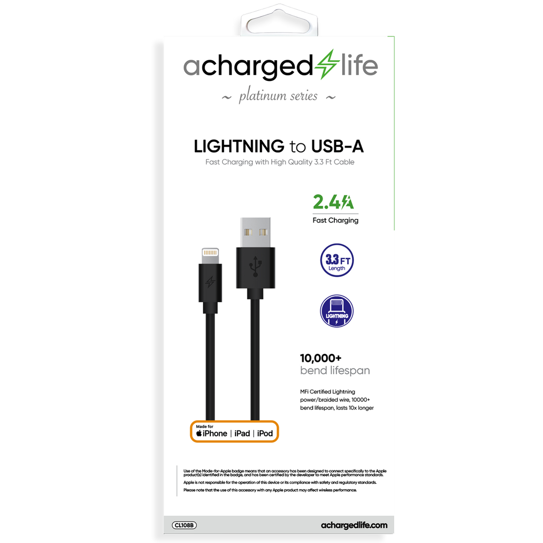 CL108B - A Charged Life Charging Cable Lightning 3.3Ft (MFI) Black