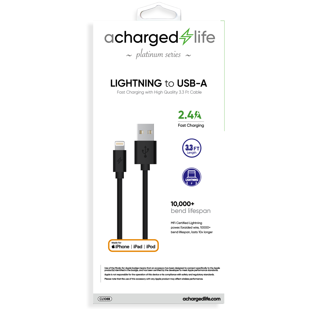 Charging Cable Lightning 3.3Ft (MFI) Black