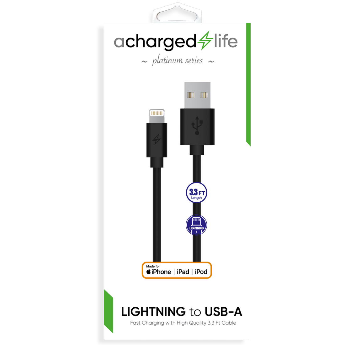 CL108B - A Charged Life Charging Cable Lightning 3.3Ft (MFI) Black