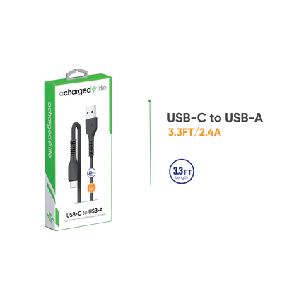 CL109B - A Charged Life Charging Cable USB-C 3.3Ft Black