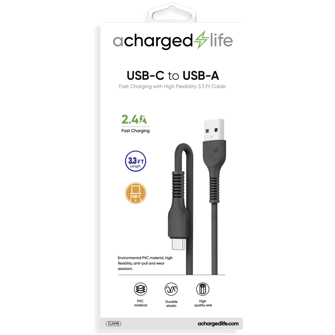 CL109B - A Charged Life Charging Cable USB-C 3.3Ft Black