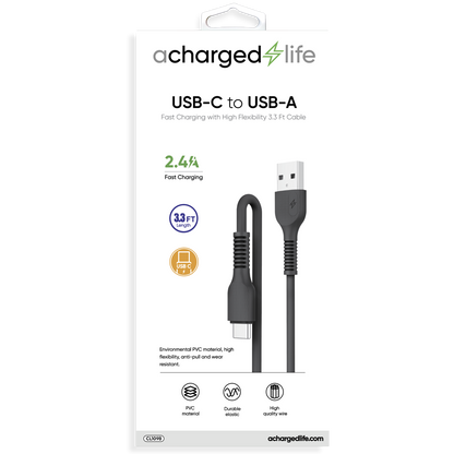 CL109B - A Charged Life Charging Cable USB-C 3.3Ft Black