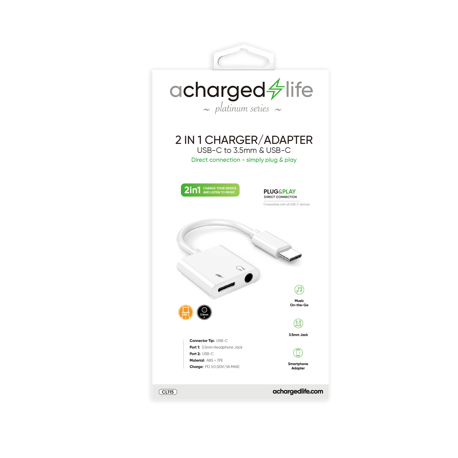 CL115 - A Charged Life Adapter Audio USB-C to 3.5mm &amp; USB-C