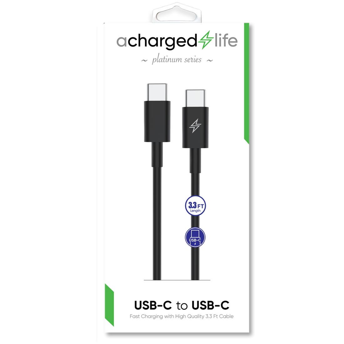 CL120B - A Charged Life Charging Cable USB-C to USB-C Black 3.3Ft