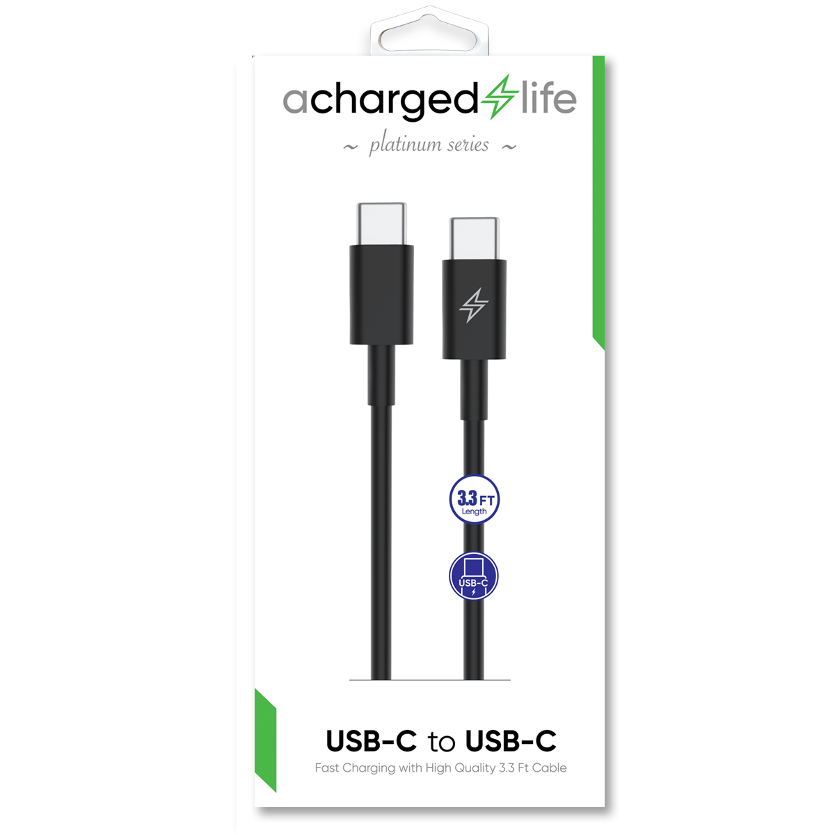 CL120B - A Charged Life Charging Cable USB-C to USB-C Black 3.3Ft