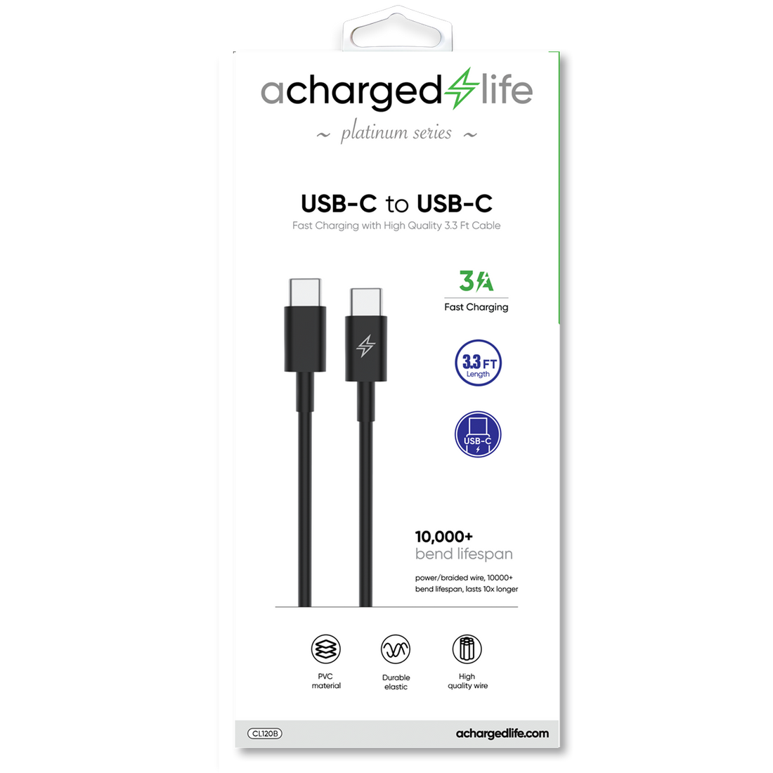 CL120B - A Charged Life Charging Cable USB-C to USB-C Black 3.3Ft