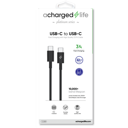 CL120B - A Charged Life Charging Cable USB-C to USB-C Black 3.3Ft