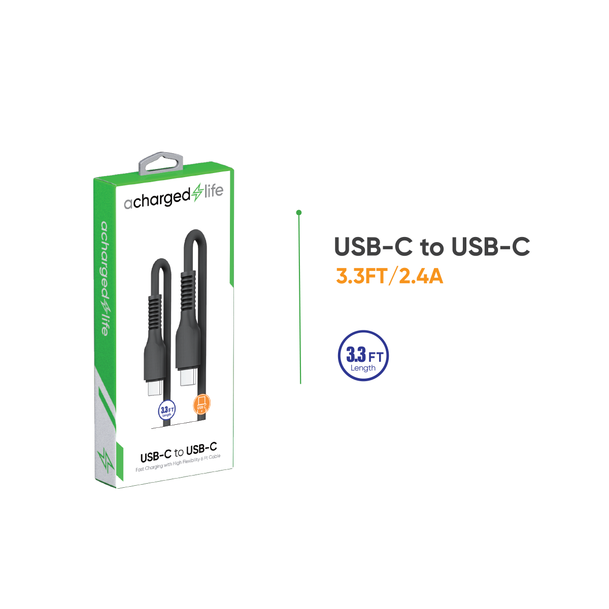 CL120B - A Charged Life Charging Cable USB-C to USB-C Black 3.3Ft