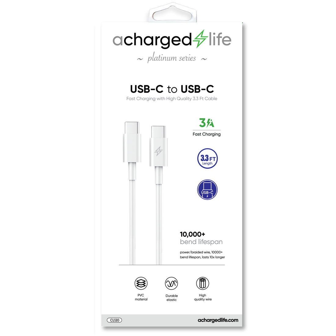 CL120 - A Charged Life Charging Cable USB-C to USB-C White 3.3Ft