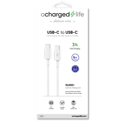 CL121 - A Charged Life Charging Cable USB-C to USB-C White 6Ft