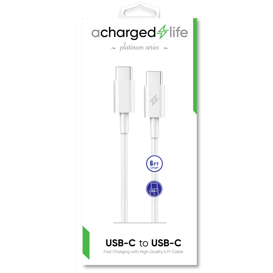 CL121 - A Charged Life Charging Cable USB-C to USB-C White 6Ft