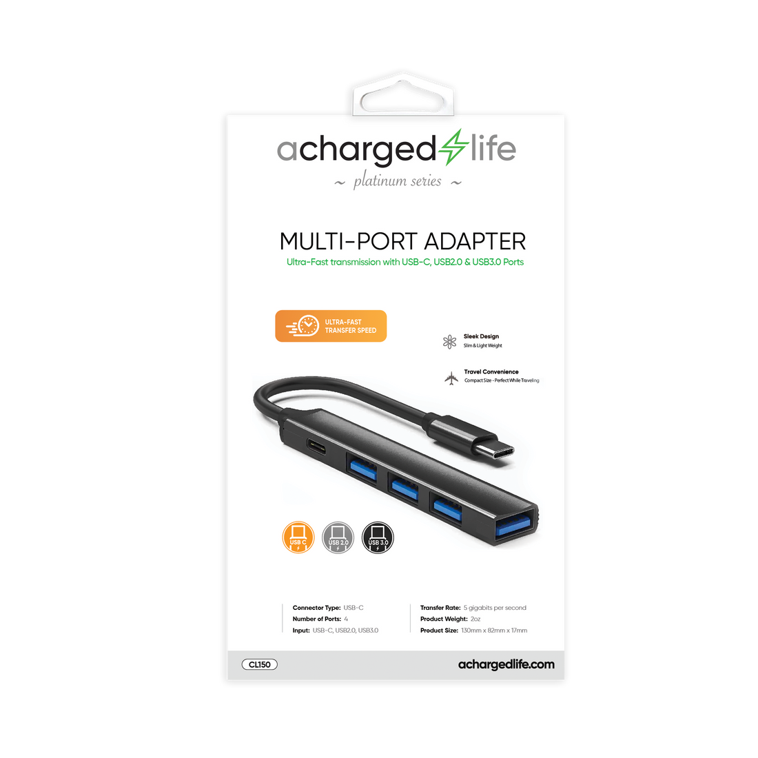 CL150 - A Charged Life Adapter Multi Hub USB-C (3x USB 2.0, 1x USB 3.0, 1x USB-C)