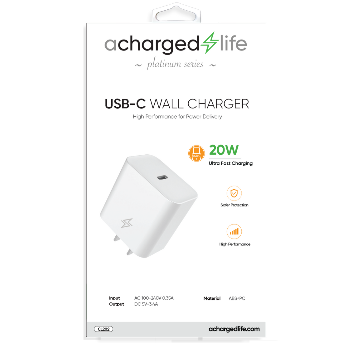 CL202 - A Charged Life Wall Charger 20W Single USB-C Port White